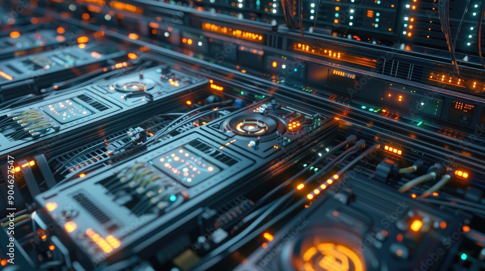 An advanced AI system managing a complex data center with rows of servers and glowing LED indicators. An advanced AI system managing a complex data center with rows of servers and glowing LED indicators.
