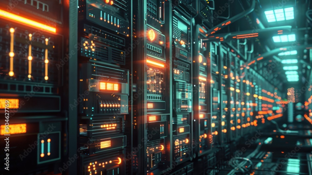 Obraz premium An advanced AI system managing a complex data center with rows of servers and glowing LED indicators.