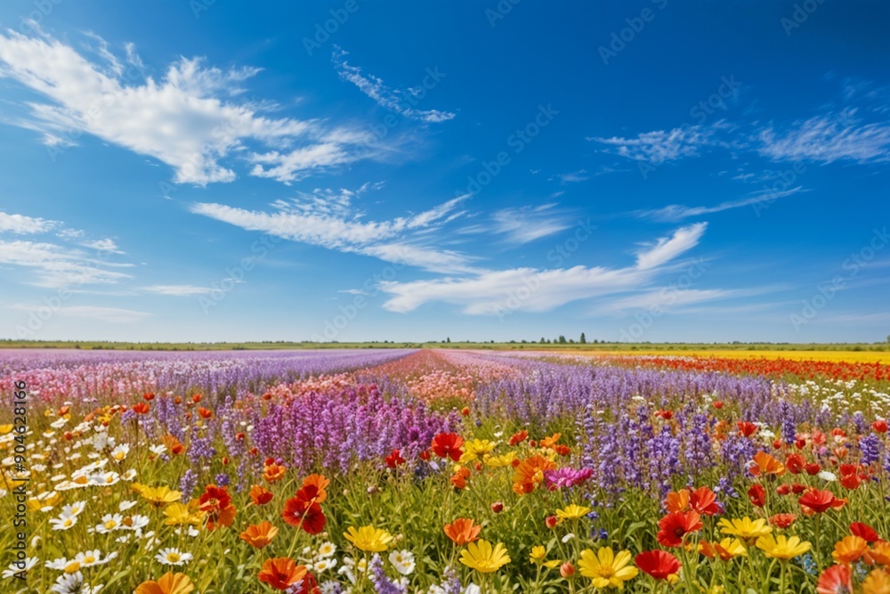 Fototapeta premium A wide field of blooming wildflowers under a clear blue sky, creating a bright and cheerful scene perfect for spring and summer themes. 