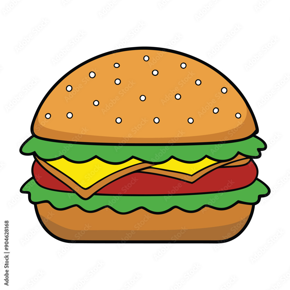 full of flavor appetizing burger covered with sesame seeds with beef cutlet, yellow cheese, red tomato, lettuce, cucumber, bun with a crispy crust, vector illustration on white background isolated full of flavor appetizing burger covered with sesame seeds with beef cutlet, yellow cheese, red tomato, lettuce, cucumber, bun with a crispy crust, vector illustration on white background isolated