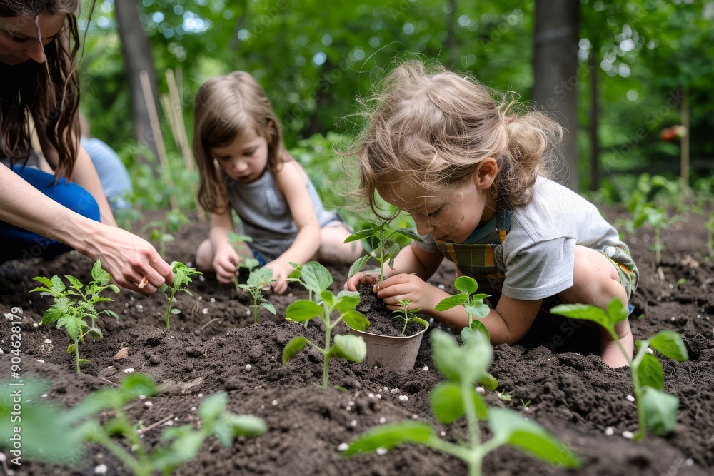 Children Gardening in Lush Green Forest with Adult Children Gardening in Lush Green Forest with Adult