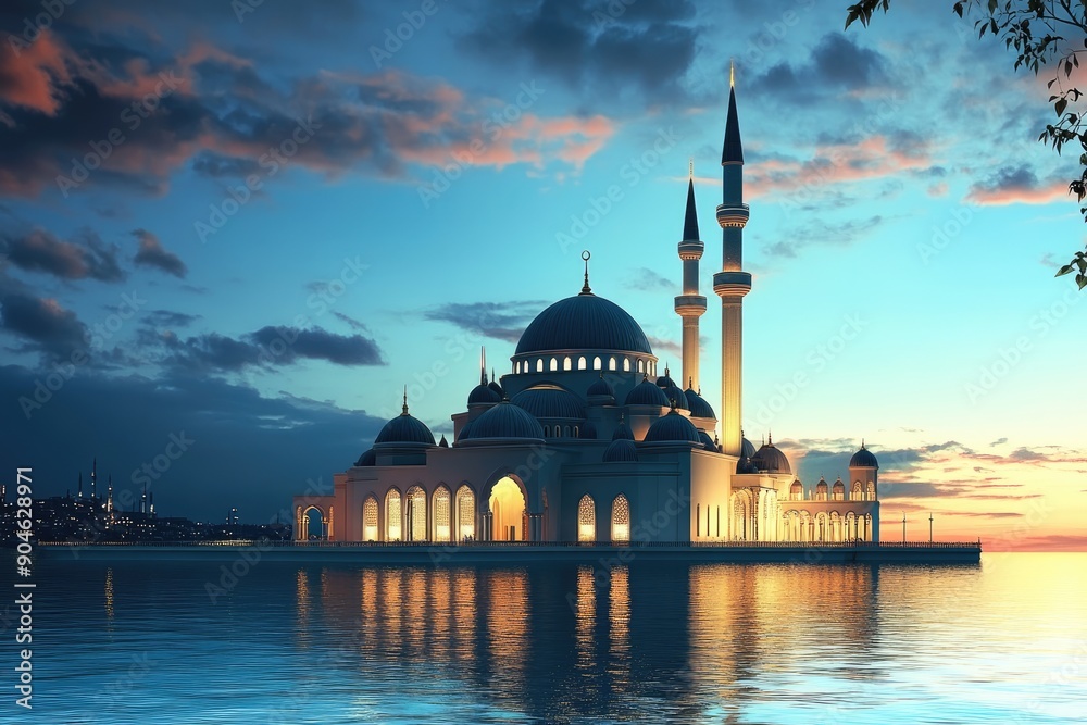 Fototapeta premium Illuminated Mosque on the Waterfront at Sunset