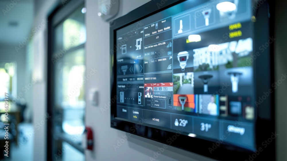 An advanced home security system interface displayed on a wall-mounted screen, showing live camera feeds and security settings. An advanced home security system interface displayed on a wall-mounted screen, showing live camera feeds and security settings.
