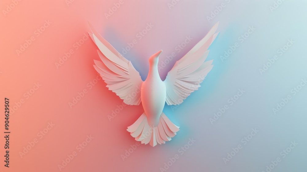 Fototapeta premium White Dove, Symbol of Hope and Peace: A minimalist 3D render of a white dove soaring against a soft pink backdrop, its wings outstretched in a symbol of hope, peace, and new beginnings.