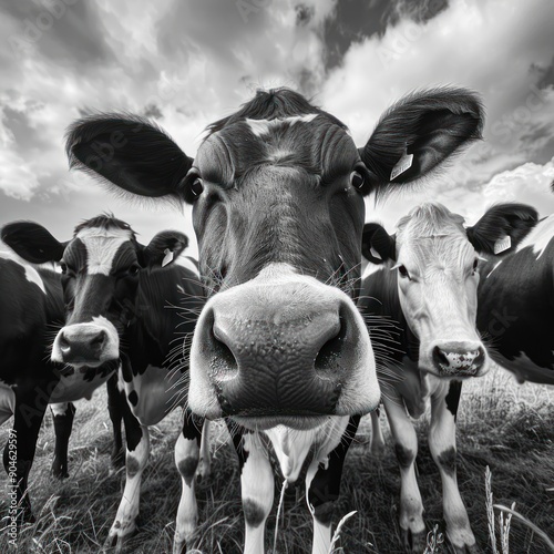 A black and white cow lies on the grass with both legs stretched out, isolated on a white background.