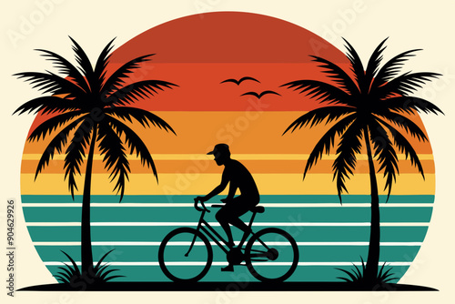 Retro vintage sunset with palm trees. bicycle man riding isolated on white background. 