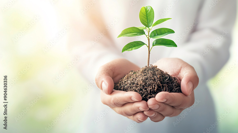 A white person is holding a small plant in their hands. The plant is surrounded by dirt and he is a seedling. Concept of nurturing and growth, as the person is taking care of the plant A white person is holding a small plant in their hands. The plant is surrounded by dirt and he is a seedling. Concept of nurturing and growth, as the person is taking care of the plant
