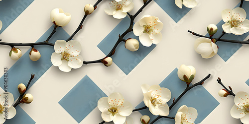 Seamless 3D White, Yellow  Spring Cherry Blossom and Flowers With Branches on a Light Background. Abstract Floral 3D Landscape Wall Sticker. HD Seamless Wallpaper