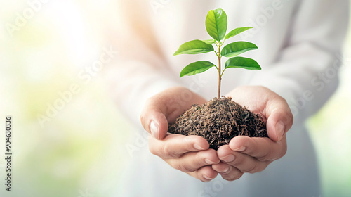 A white person is holding a small plant in their hands. The plant is surrounded by dirt and he is a seedling. Concept of nurturing and growth, as the person is taking care of the plant
