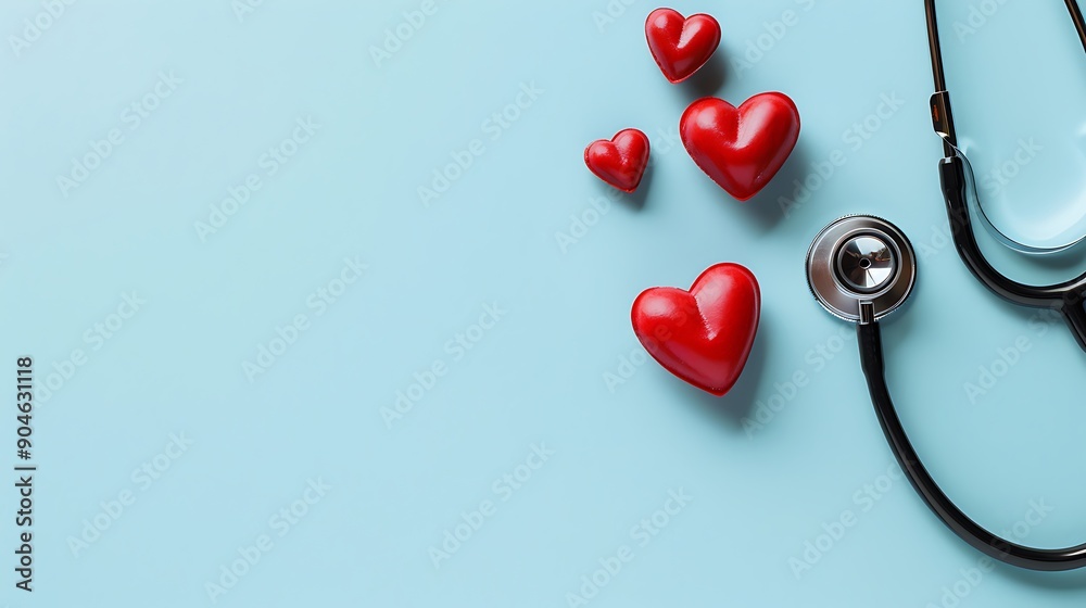 Red Hearts and a Stethoscope on a Light Blue Background Red Hearts and a Stethoscope on a Light Blue Background