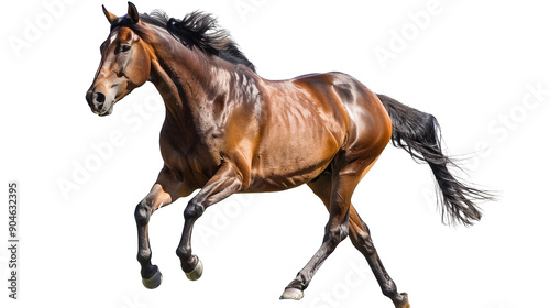 A brown horse is running on a white background