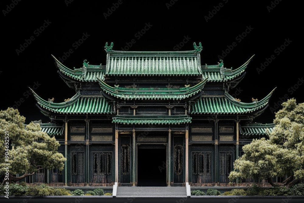 Fototapeta premium Traditional Chinese Temple with Green Roof and Black Walls