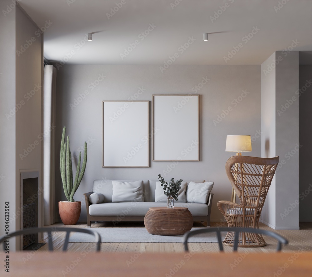 Fototapeta premium modern scandinavian style living room with mockup poster. 3d Illustration