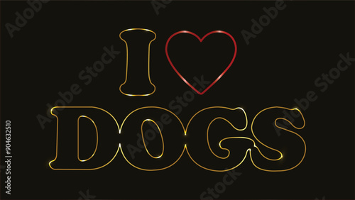 A "I Love Dogs" message. Lettering quote. Isolated on black background. I love my pet. Doodle style. Symbolic inscription. Typography. Greeting card, t shirt, print, stickers, posters design. Gold.