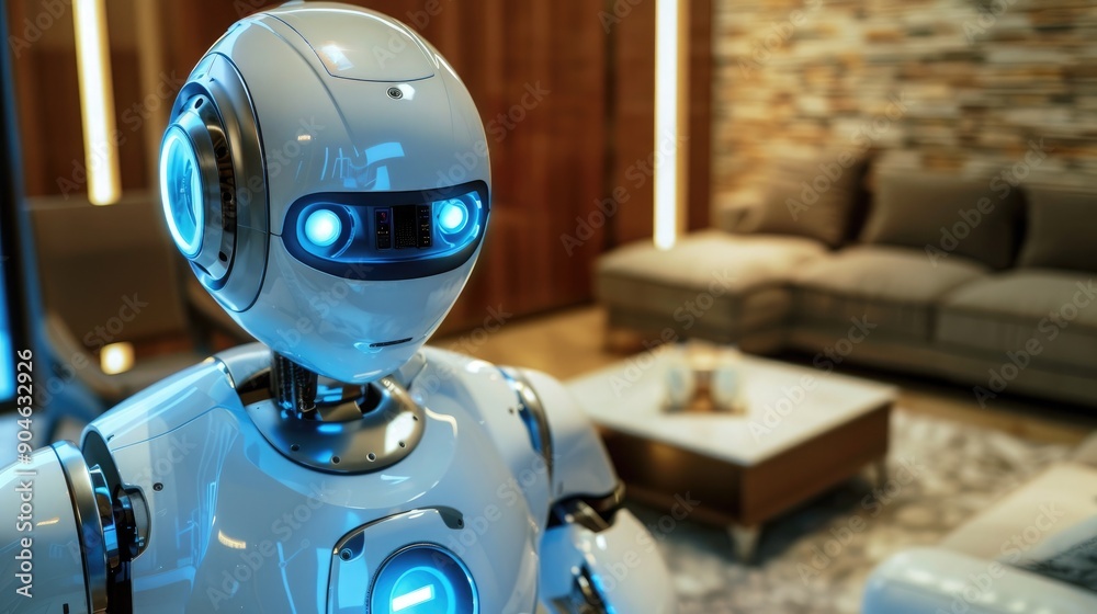 An advanced robotic assistant optimizing energy use in a high-tech smart home. An advanced robotic assistant optimizing energy use in a high-tech smart home.