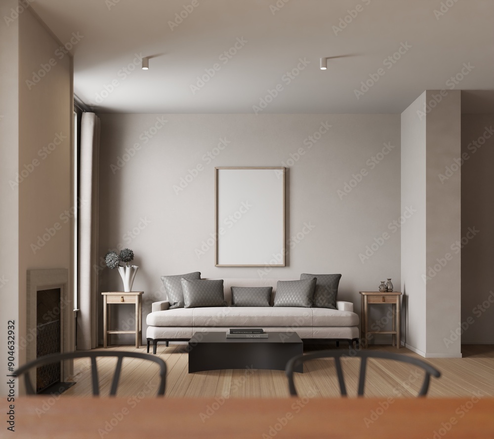 Fototapeta premium modern scandinavian style living room with mockup poster. 3d Illustration