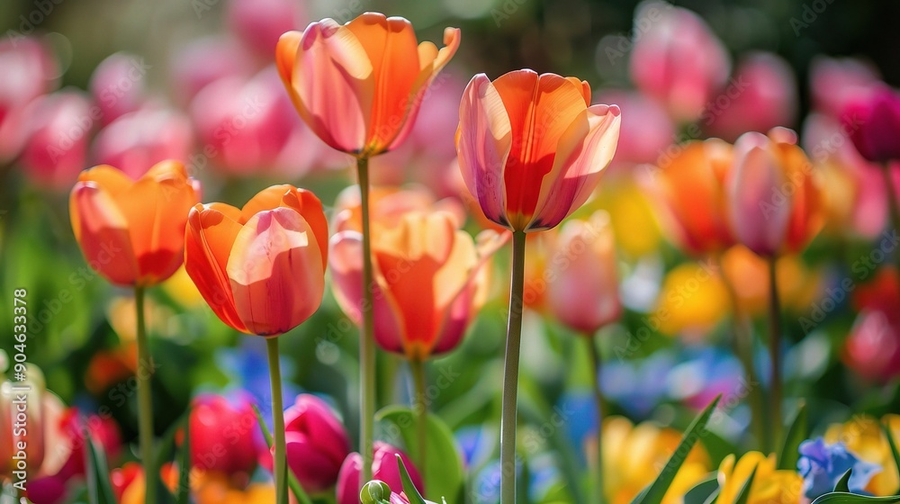A Kaleidoscope of Spring: Vibrant tulips in full bloom paint the garden with joy, their petals catching the warm sunlight.