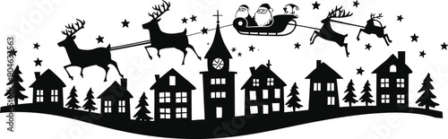 Christmas Town Silhouette with Santa and Reindeer