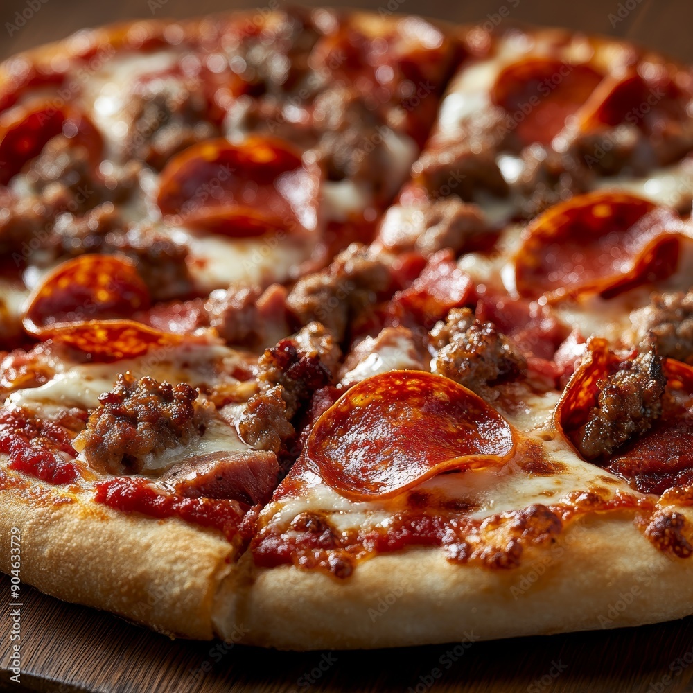photography food styling, macro close-up shot of a fresh Pizzeria Rising Crust 4 Meat made with real pizzeria inspired tomato sauce and mozzarella, and topped with mouthwatering pepperoni, sausage, photography food styling, macro close-up shot of a fresh Pizzeria Rising Crust 4 Meat made with real pizzeria inspired tomato sauce and mozzarella, and topped with mouthwatering pepperoni, sausage,