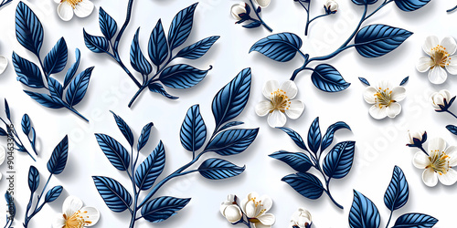 Seamless 3D White, Yellow Spring Cherry Blossom Autumn Blue Leaves and Flowers With Branches on a Light Background. Abstract Floral 3D Landscape Wall Sticker. HD Seamless Wallpaper