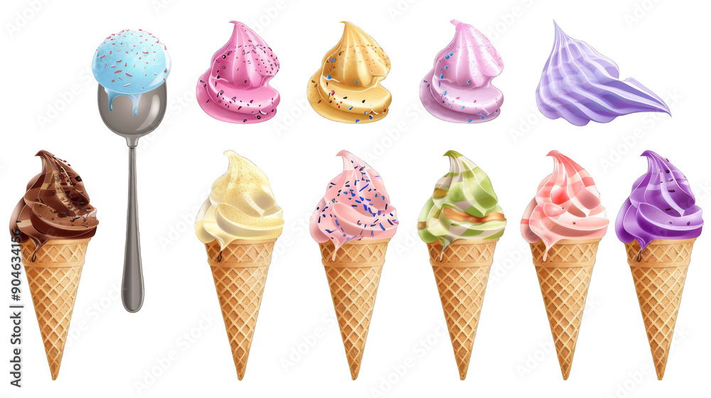 A set of ice cream cones with different flavors and toppings A set of ice cream cones with different flavors and toppings