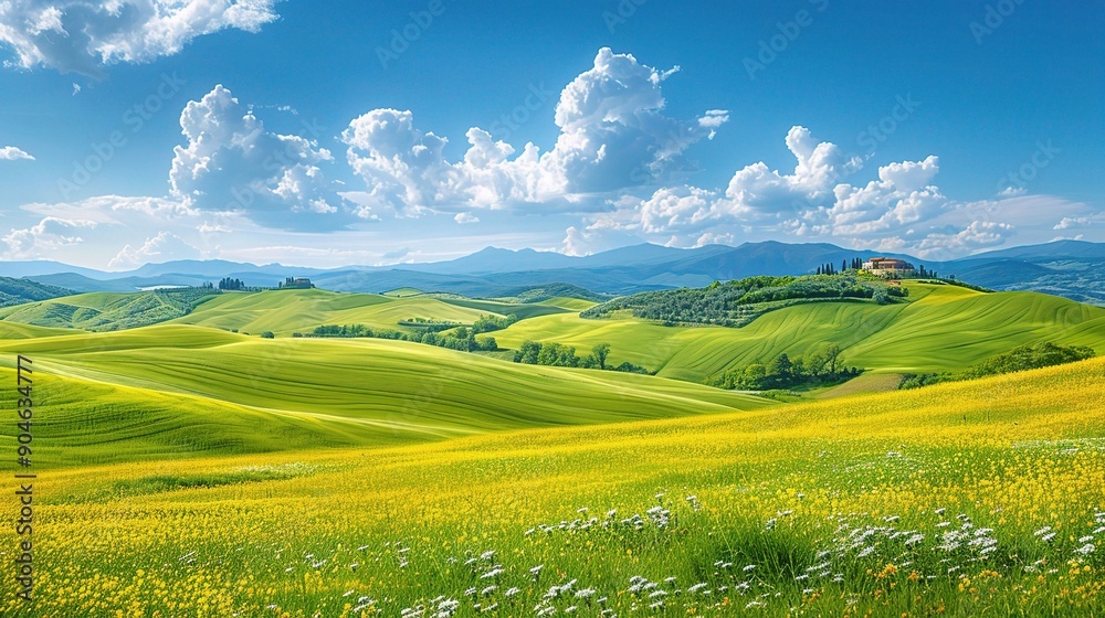 Obraz premium Rolling Hills and Golden Fields: A tranquil landscape unfolds with rolling green hills, a vibrant yellow field, and a picturesque farmhouse perched on the horizon. 