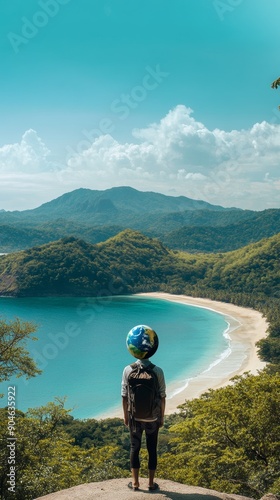 landscape shot of a 173 guy with Earth instead of a head, solo backpacking through Asia, background is a tropical beach, and green mountains, a view from the philipenes, realistic shot photo