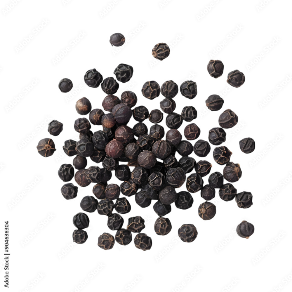 A close-up of black peppercorns scattered on a black background. A close-up of black peppercorns scattered on a black background.