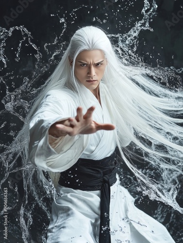A handsome Asian man with long white hair, white Taoist robe, hands wrapped in black water flow, dynamic posture