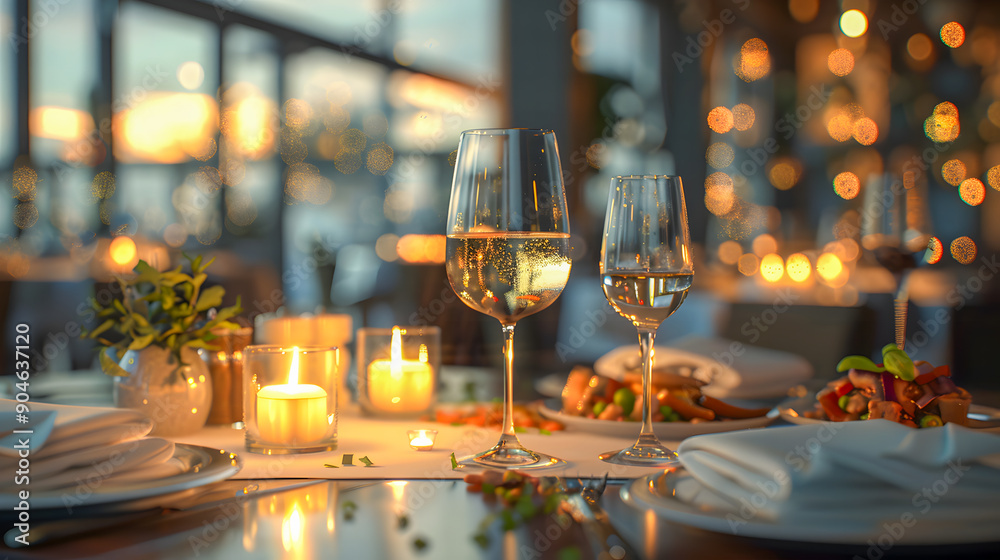 Elegant and select restaurant table Wine Glass and appetizers, on the bar table Soft light and romantic atmosphere dinner wedding service menu Elegant and select restaurant table Wine Glass and appetizers, on the bar table Soft light and romantic atmosphere dinner wedding service menu