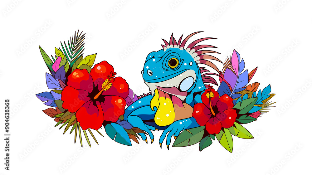 Fototapeta premium Drawing of a colorful iguana looking like a gentle dragon for a children's book illustration, on a white background. Transparent image png
