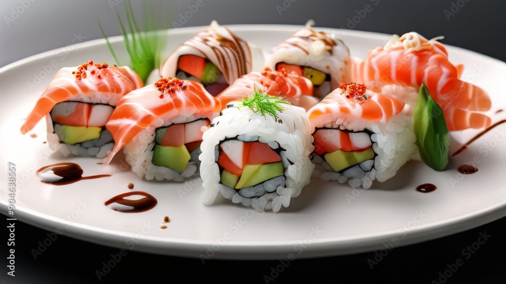 Elegant Japanese Sushi Served on a Pristine White Plate Elegant Japanese Sushi Served on a Pristine White Plate