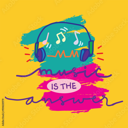 Music is the answer lettering. Vector illustration of hand drawn headphones with music notes. 