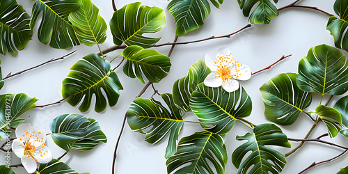 Seamless 3D White Spring Cherry Blossom Autumn Green Leaves and Flowers With Branches on a Light Background. Abstract Floral 3D Landscape Wall Sticker. HD Seamless Wallpaper