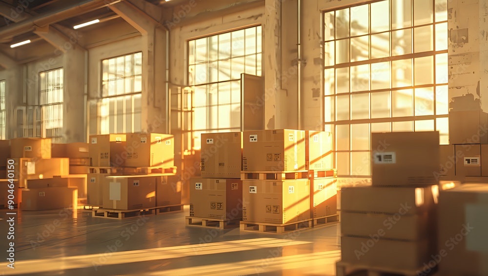 Cardboard Boxes in a Sunlit Warehouse: Shipping, Logistics, and Distribution Cardboard Boxes in a Sunlit Warehouse: Shipping, Logistics, and Distribution