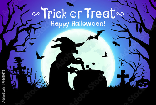 Witch silhouette near cauldron in dark forest with old cemetery graves, trees and flying bats at moonlight. Halloween holiday vector banner with spooky hag stirring pot and cooking brew on graveyard