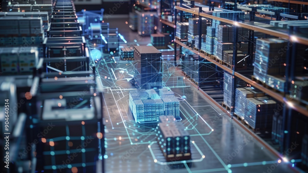 Fototapeta premium An AI-driven system managing a complex logistics network in a smart warehouse.