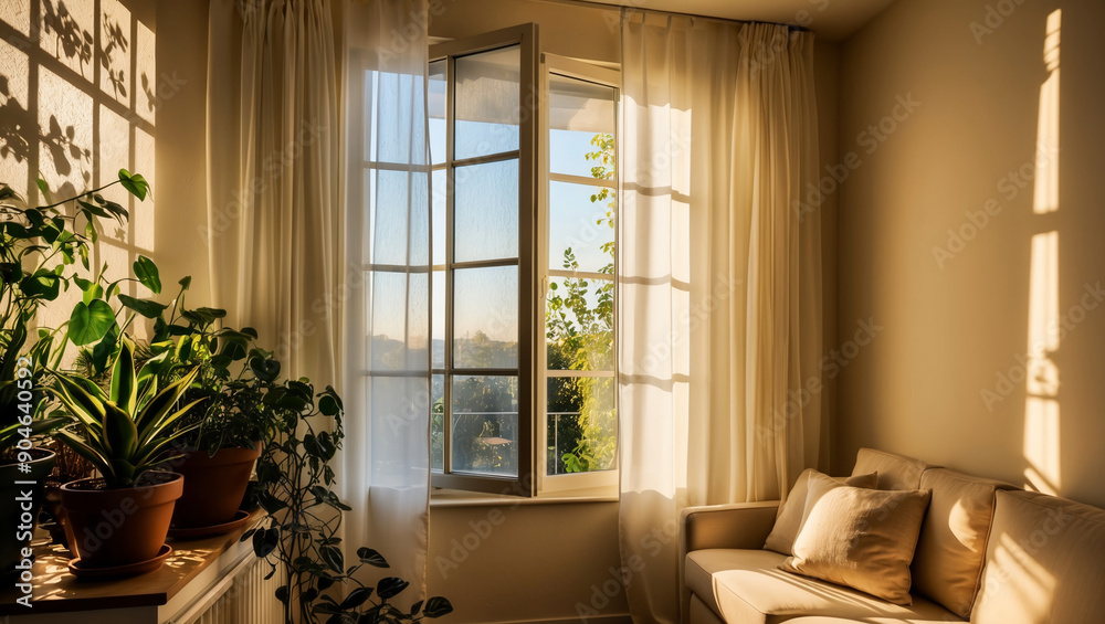 Fototapeta premium Morning Sun Greets the Greenery in a Serene Corner