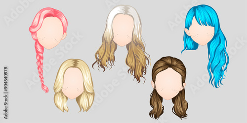 Set of beautiful woman hairstyle fashion for assortment, long hair, short hair, curly hair salon hairstyles and trendy haircut.