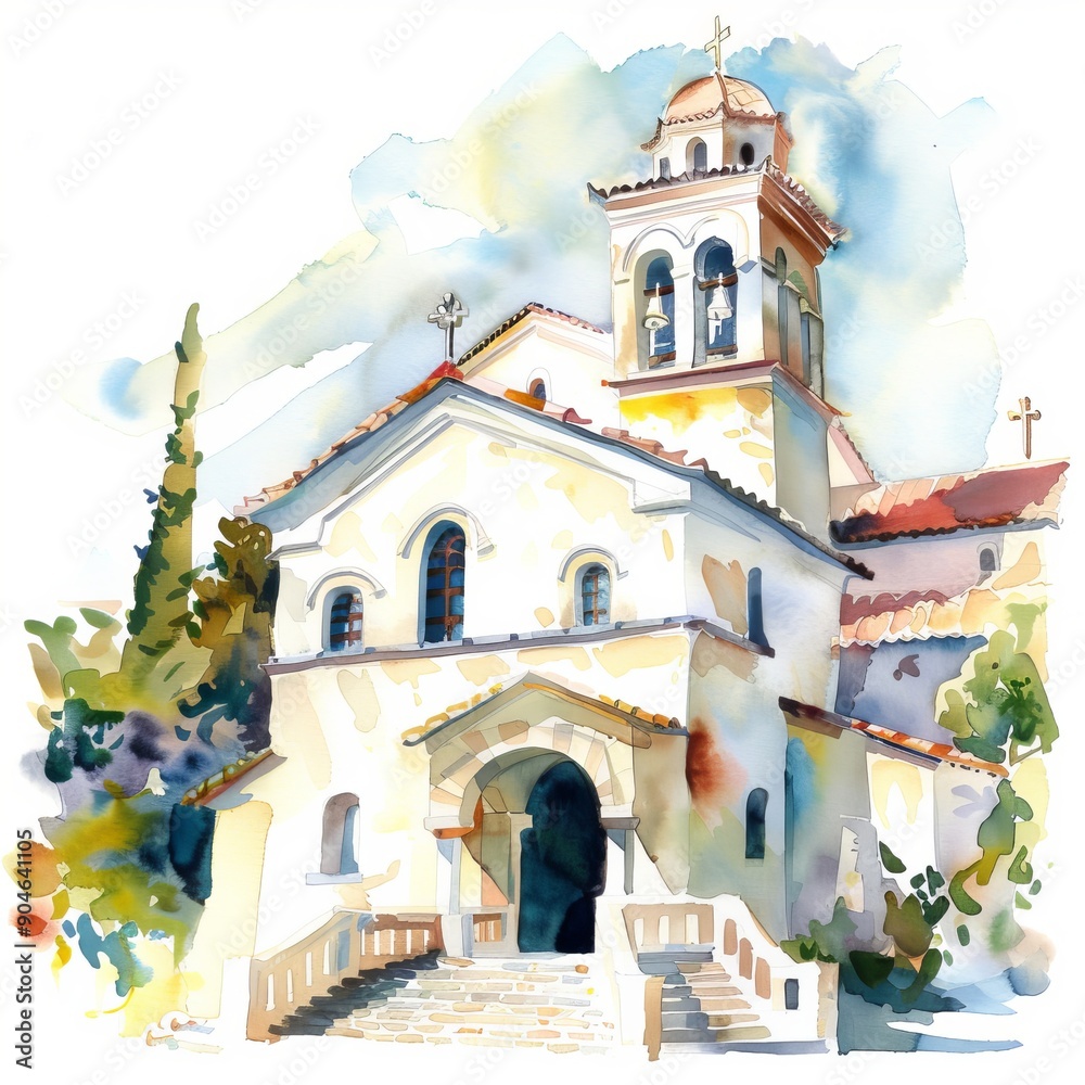 Fototapeta premium Watercolor painting of a serene monastery, on isolated white background, Generative AI