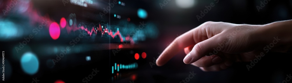 Close-up of Hand Interacting with Digital Data Visualization on Futuristic Touchscreen Interface