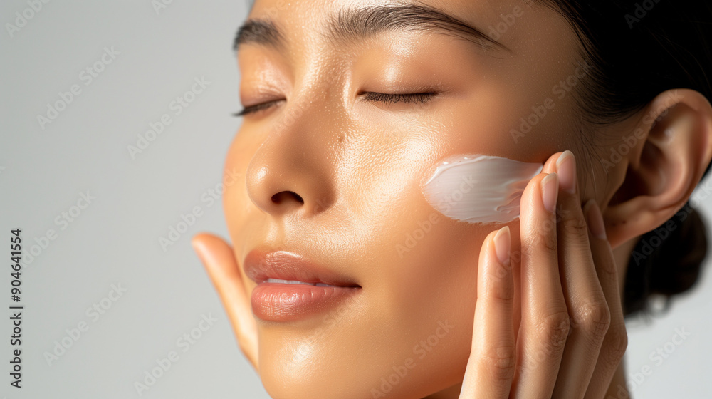 portrait of a beautiful model asian woman applying cream on their face portrait of a beautiful model asian woman applying cream on their face
