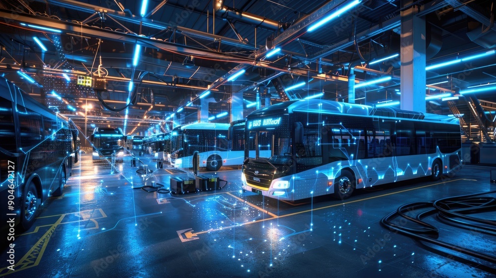 Fototapeta premium An AI-managed bus depot with autonomous vehicle dispatching and maintenance scheduling systems.