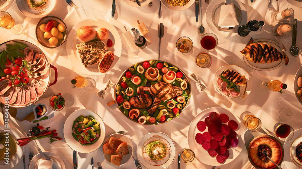 Full table of delicious Dinner party table European foods and drinks