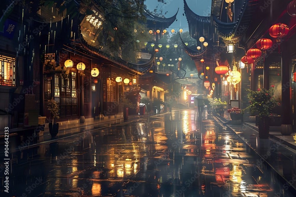 Rainy Night in Chinatown: Lanterns, Reflections, and Cobblestones Rainy Night in Chinatown: Lanterns, Reflections, and Cobblestones