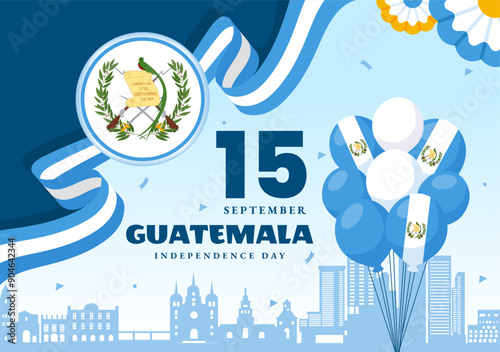 Happy Guatemala Independence Day Vector Illustration for September 15 with a Waving Flag and Ribbon in a Flat Style Cartoon Background
