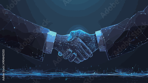 Handshake of business partners over blue background. Polygonal design