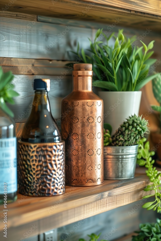 Elegant Copper Bottle with Intricate Patterns on Wooden Shelf Surrounded by Plants in Soft Morning Light Angled View Elegant Copper Bottle with Intricate Patterns on Wooden Shelf Surrounded by Plants in Soft Morning Light Angled View