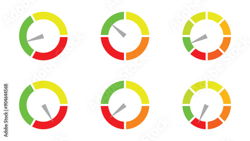 level meter set isolated on white background. circle measuring scale with different color indicator