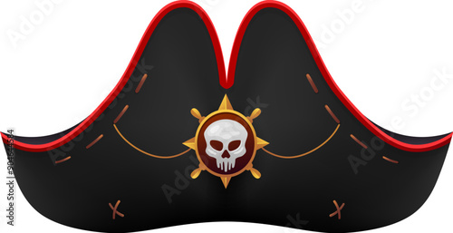 Cartoon pirate hat, corsair captain tricorn adorned with Jolly Roger skull emblem. Isolated vector buccaneer cocked cap with curved brim, accentuating the rover swashbuckling charm on the high seas